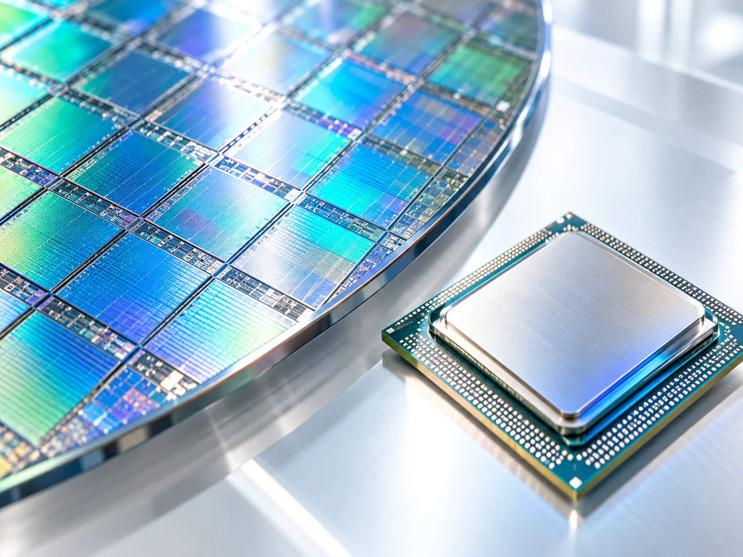 Generated editorial still life of a processor and semiconductor wafer with blue reflections.