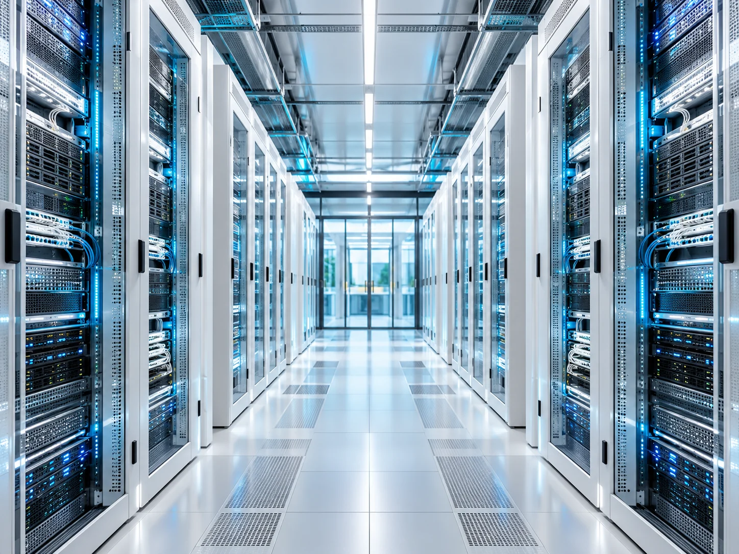 Generated editorial view of a bright data-centre aisle with orderly server cabinets.