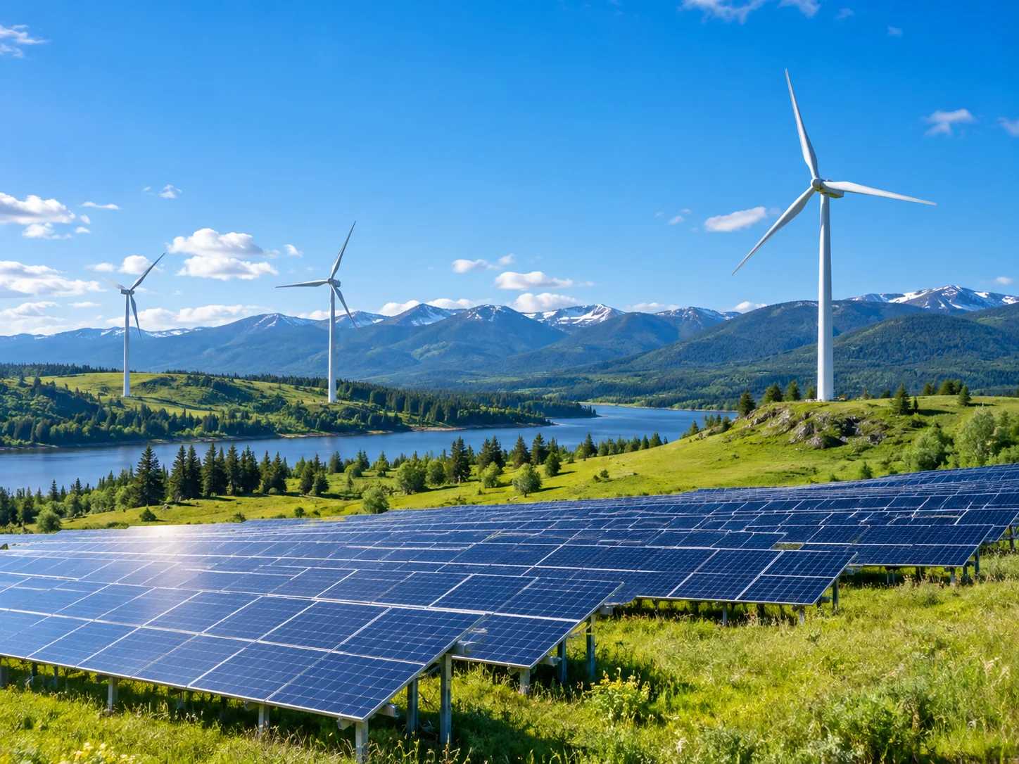 Generated editorial landscape with solar panels, wind turbines, and green fields under blue sky.
