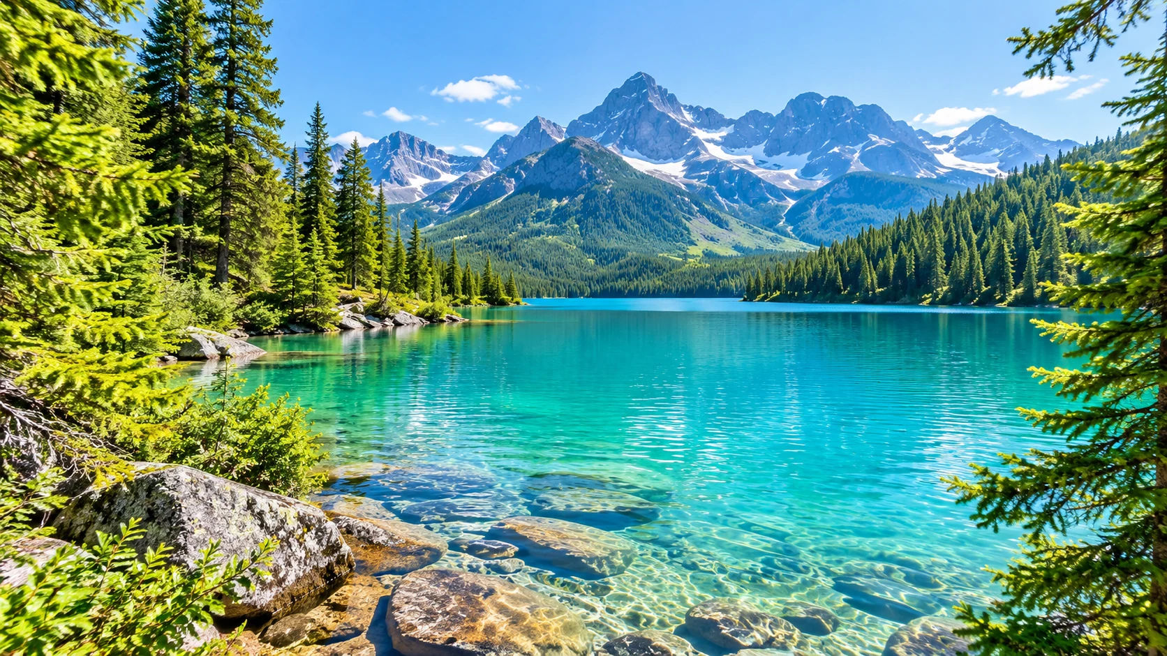 Generated Canadian landscape: clear turquoise lake water, sunlit conifers, and alpine mountains.