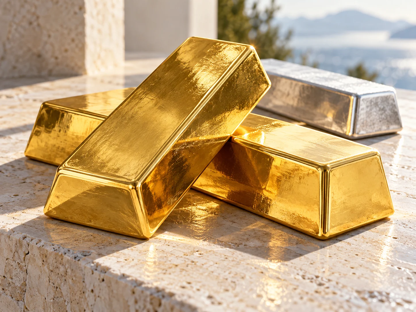 Generated editorial still life of gold bullion and a silver ingot on pale stone.
