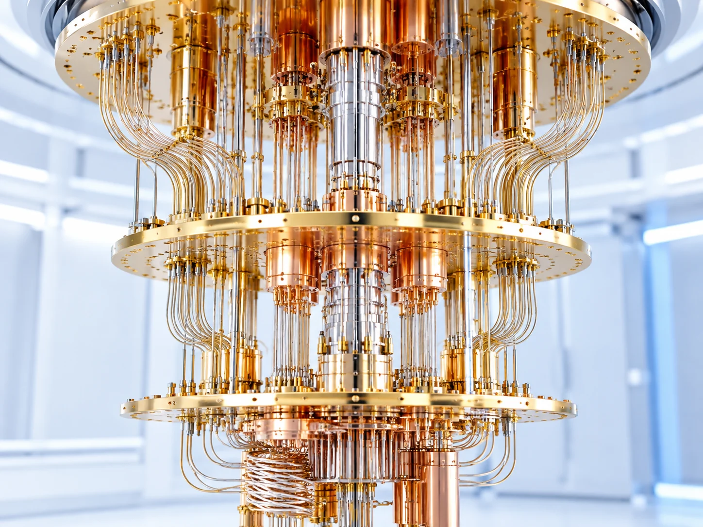 Generated editorial interpretation of a quantum cryostat with gold plates and fine wiring.