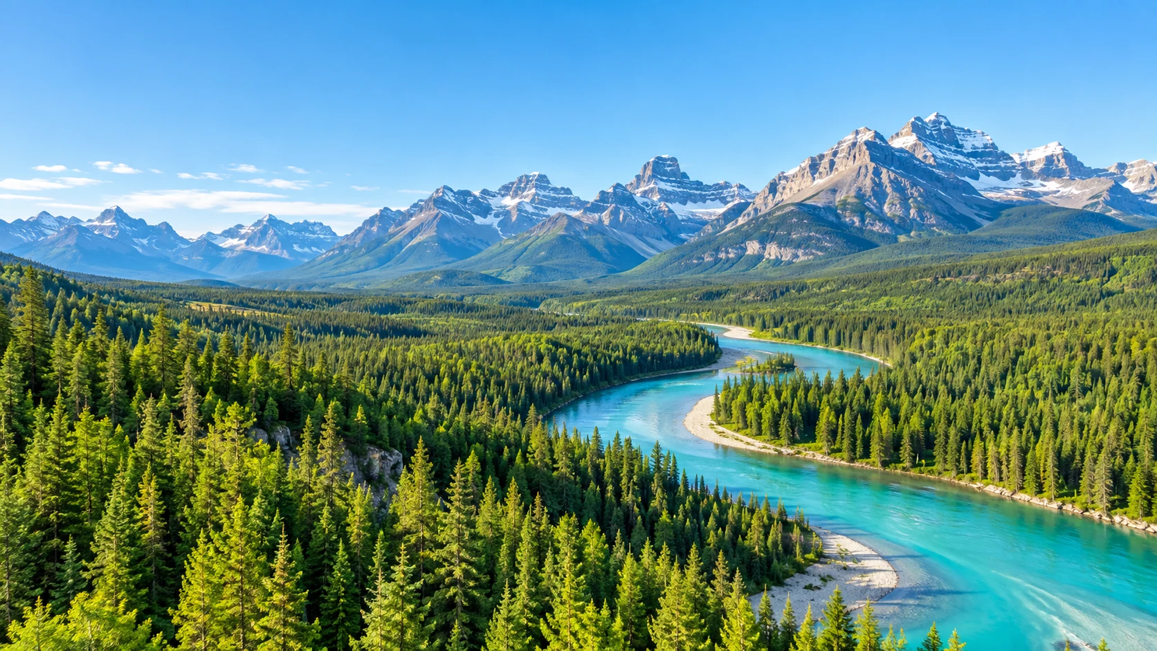 Generated Canadian landscape: a turquoise river winding through sunlit evergreen forest beneath mountain peaks.
